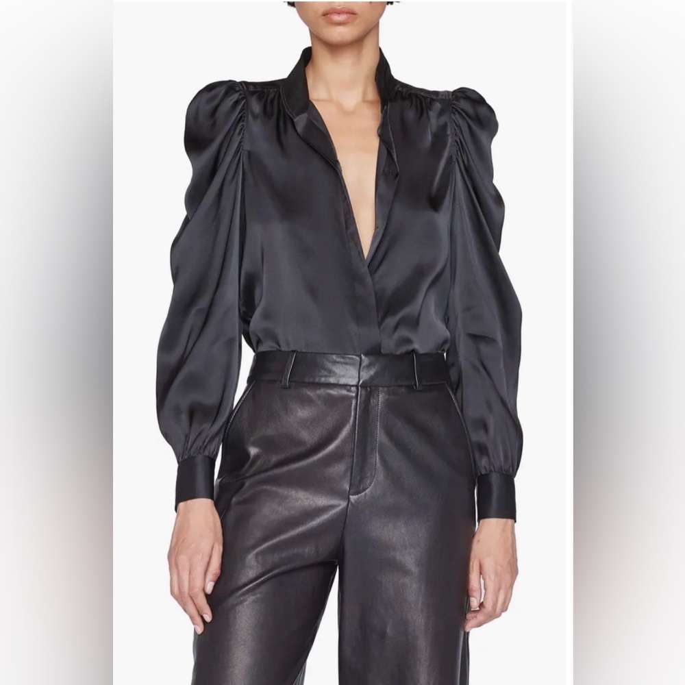 FRAME Gillian Long Sleeve Black Silk Top, M